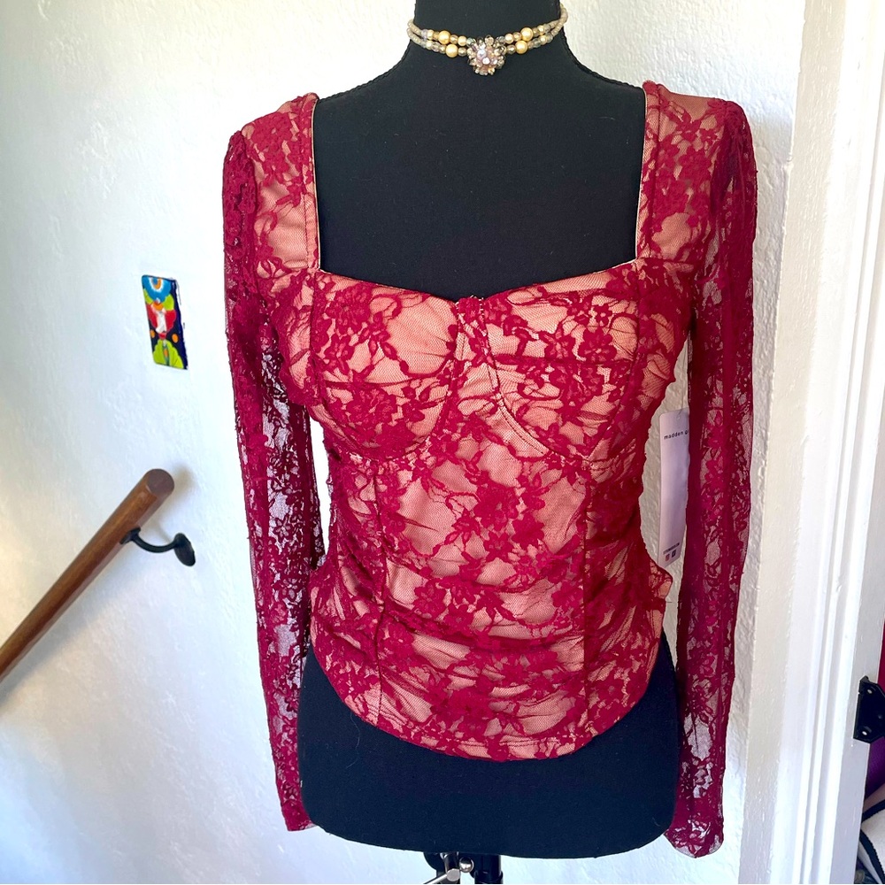 MADDEN GIRL NWT Burgundy Lace Lined Bustier Long Sleeve Ruched Front Blouse L